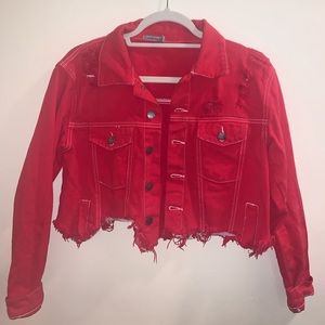 super cute red cropped denim jacket